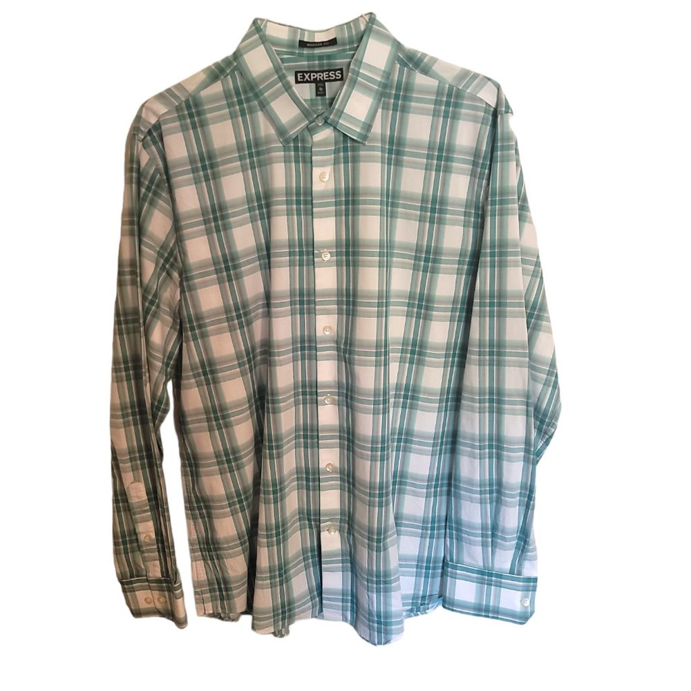 Express Modern Fit Button Up Long Sleeve Shirt Men's Size XL - Green/Gray Check